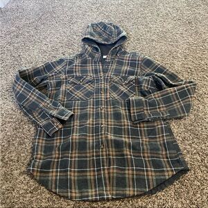 Columbia plaid flannel button-down shirt with hood women’s size large